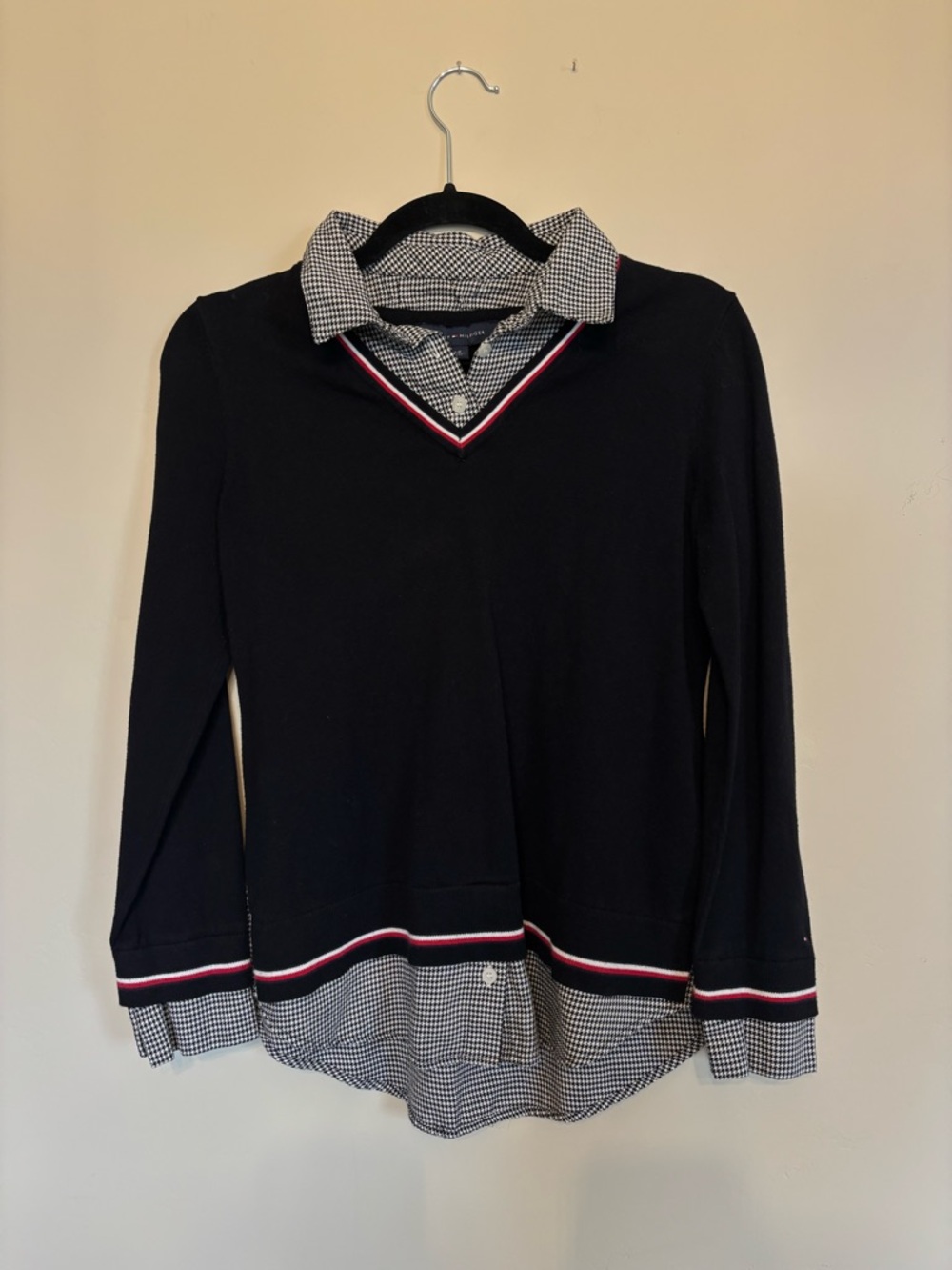 Tommy Hilfiger Black Sweater with Houndstooth Collar